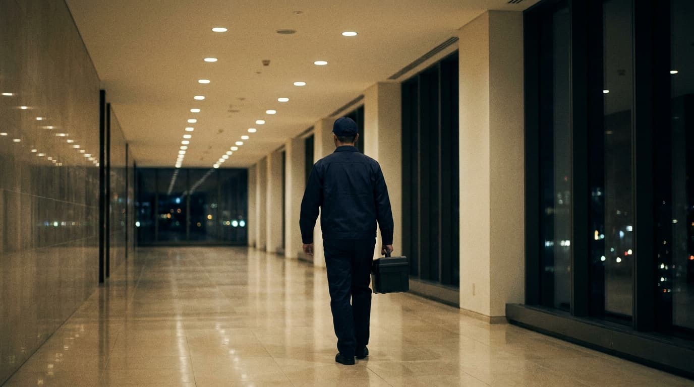 A pest control technician in plain workwear walking a lit commercial corridor at night, carrying a service case