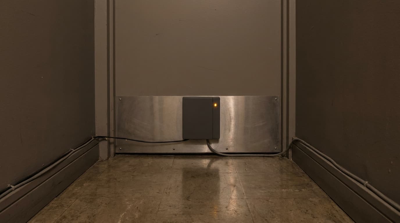 A small unbranded monitoring sensor mounted on a back-of-house corridor wall at night, one indicator light glowing