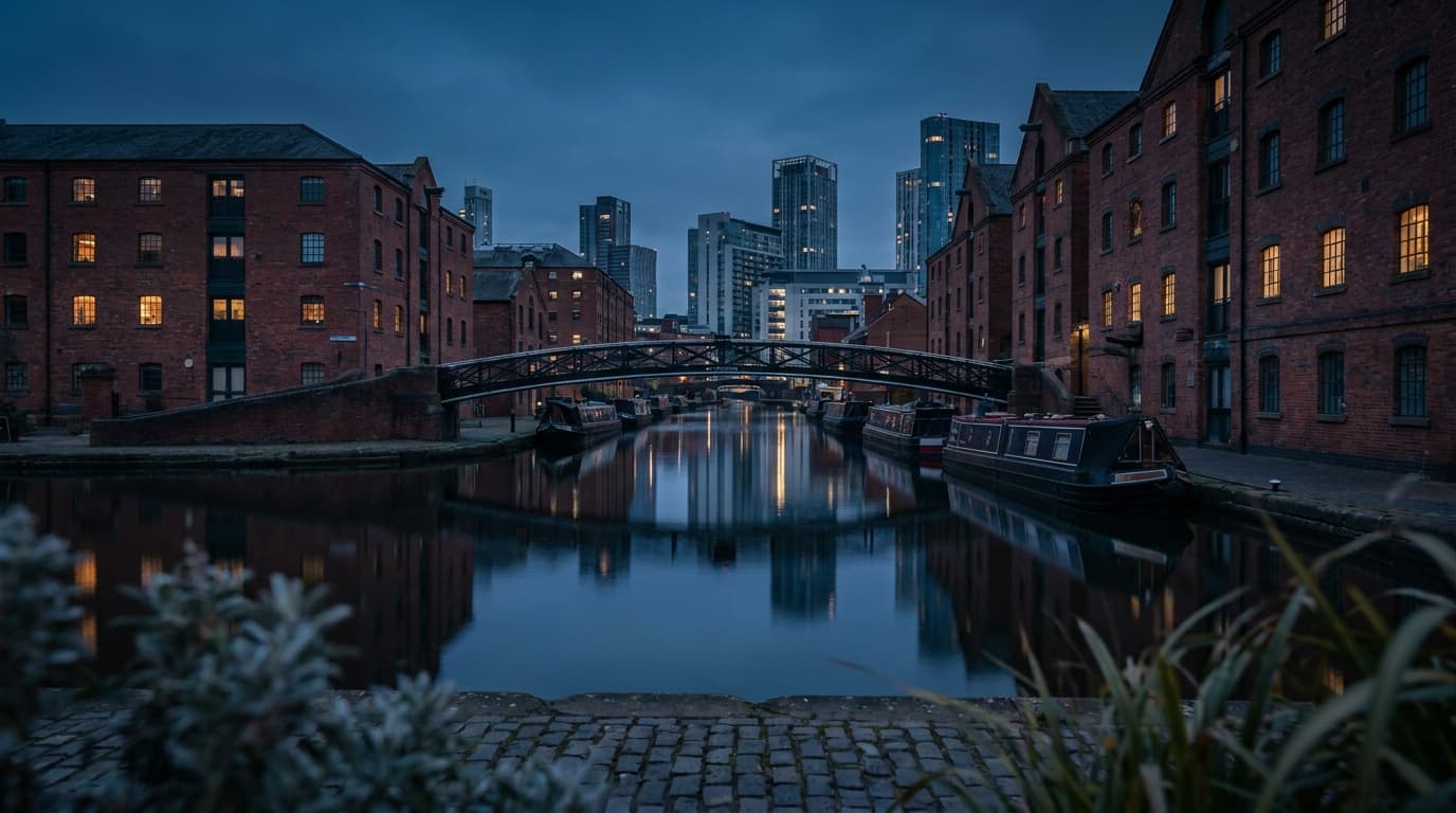 Birmingham canalside and city centre rooftops at dusk, red brick warehouses under a low sky