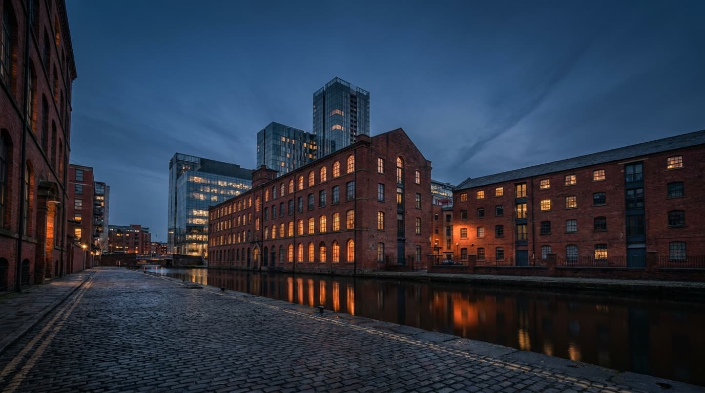 Manchester rooftops and converted mill buildings at dusk, lit windows above a quiet street