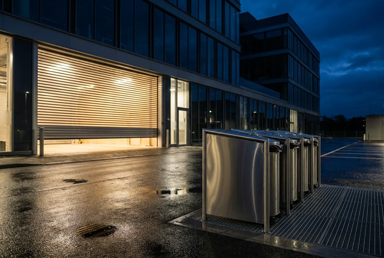 The service yard of a commercial building at night, roller shutter half open and lit from inside, stainless bin enclosure standing over a drainage grating on wet tarmac