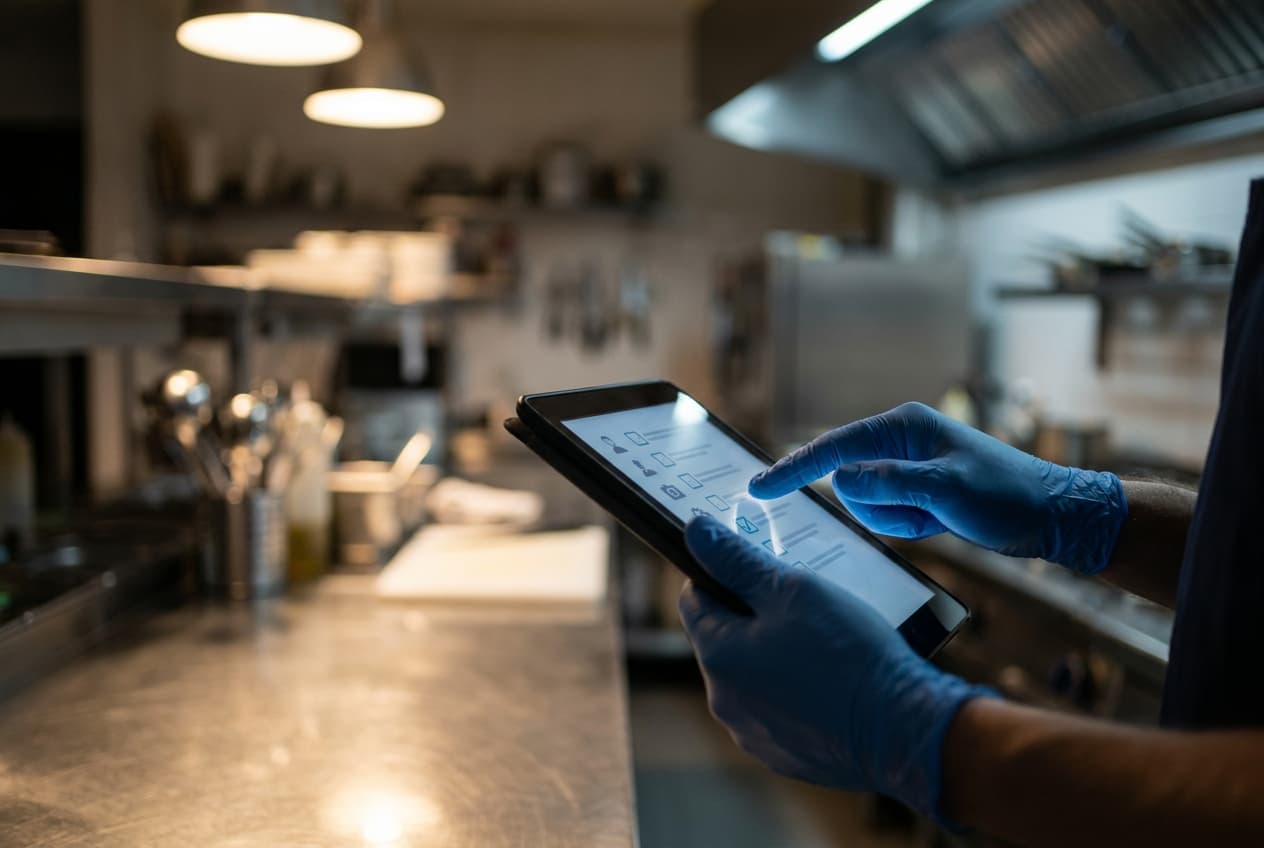 Technician completing a digital compliance report on a tablet in a commercial kitchen