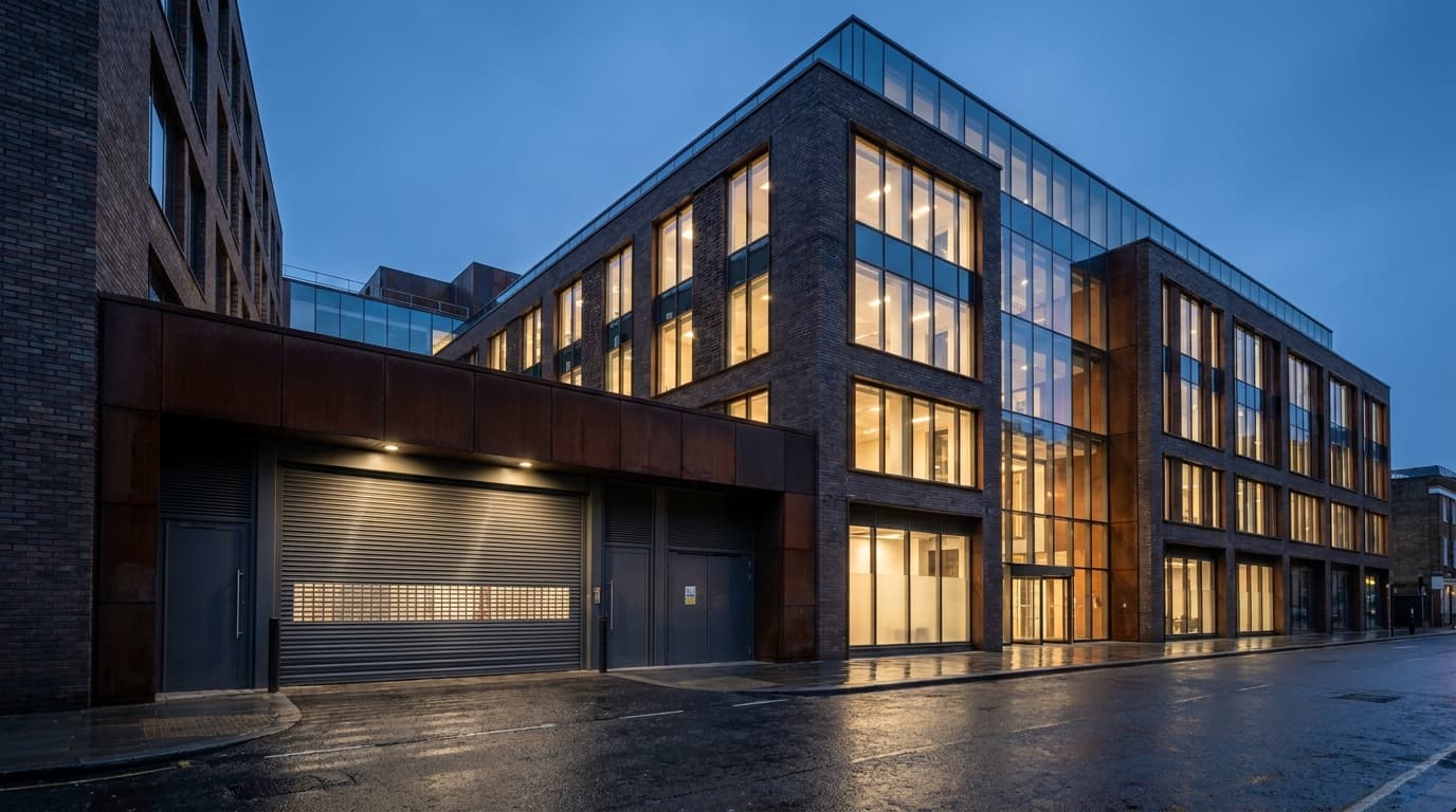 A commercial building at dusk with lit windows and a closed service entrance at street level