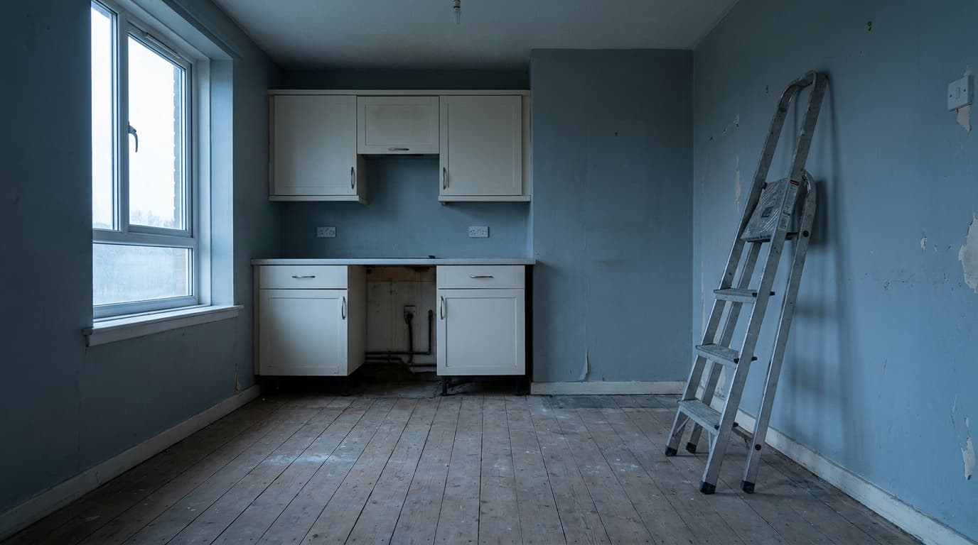 The interior of an empty social housing flat awaiting repair, with a kitchen plinth removed showing the void beneath