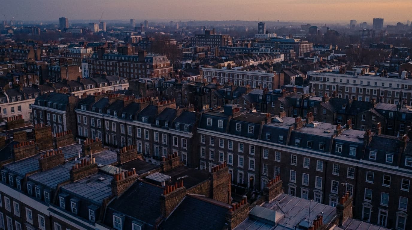 London rooftops at dusk, terraces and mansion blocks receding into haze with plant and flat roofs among them