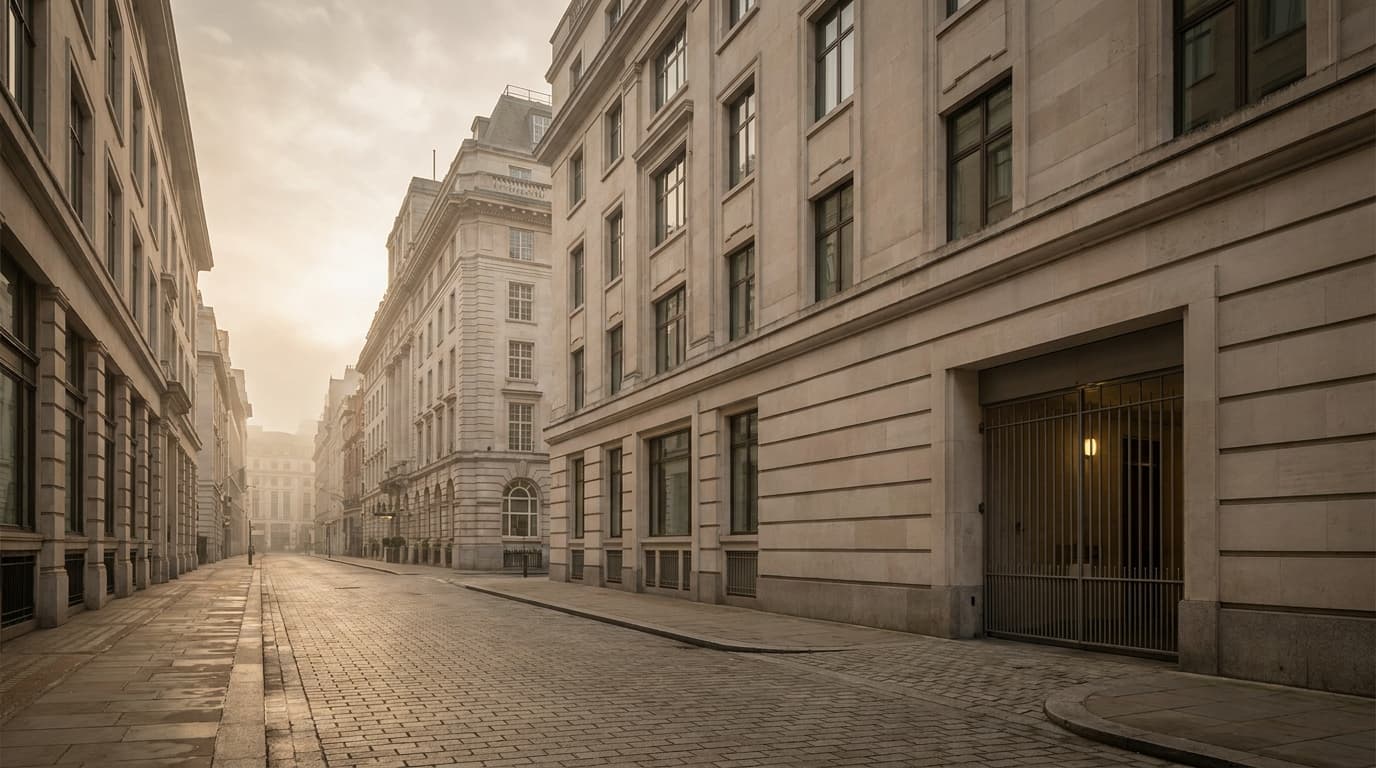 A London commercial estate at first light, quiet street and service entrance