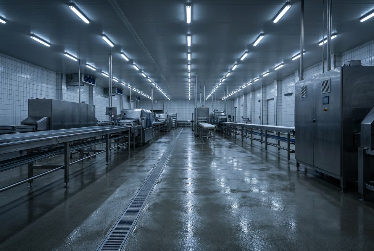 A stainless steel food production hall during cleandown, the line stopped and the floor washed, with an open drainage channel running the length of the aisle