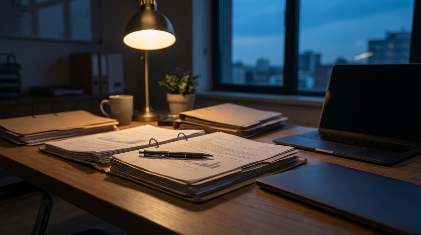 Two document folders open side by side on a procurement desk at dusk with a pen laid across one