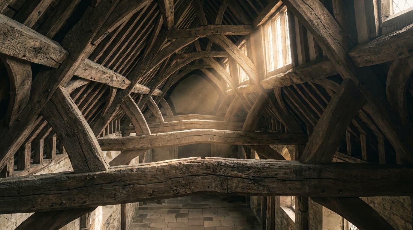 Ancient oak roof beams in an English historic hall