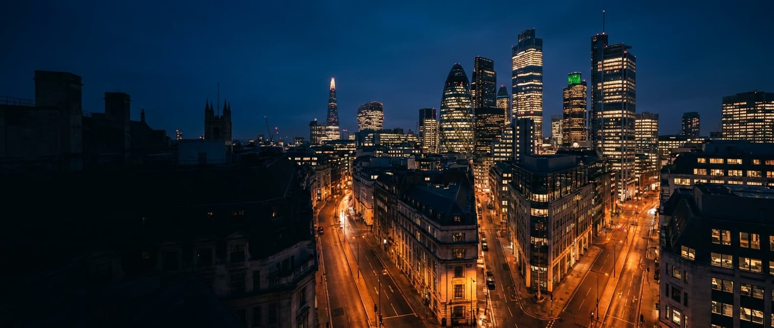 A city commercial district photographed at night, offices and ground floor units lit from within