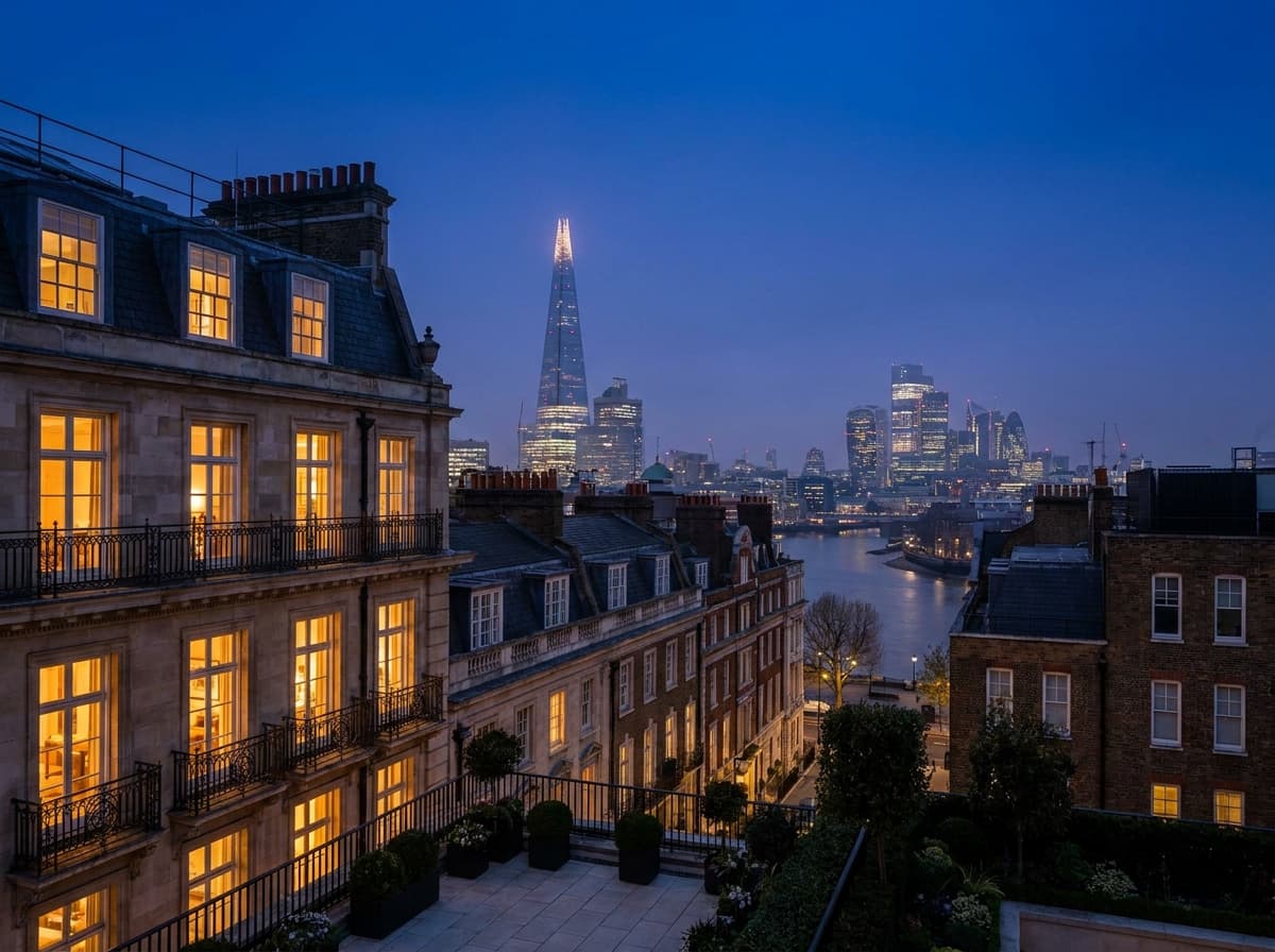 The London skyline at blue hour seen from a rooftop, warm window lights against a deep twilight sky