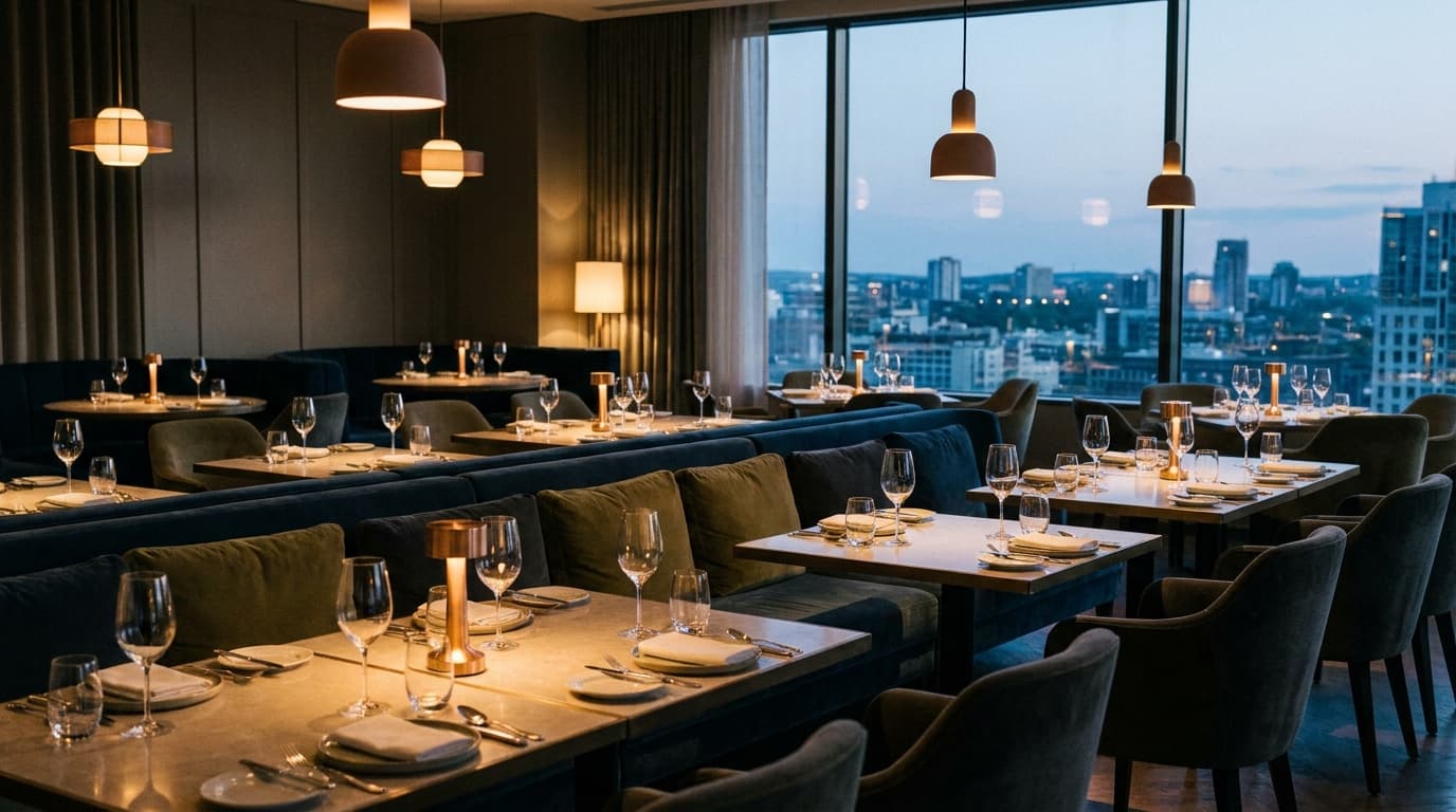 A premium restaurant dining room at dusk before service, tables laid with glassware catching the light