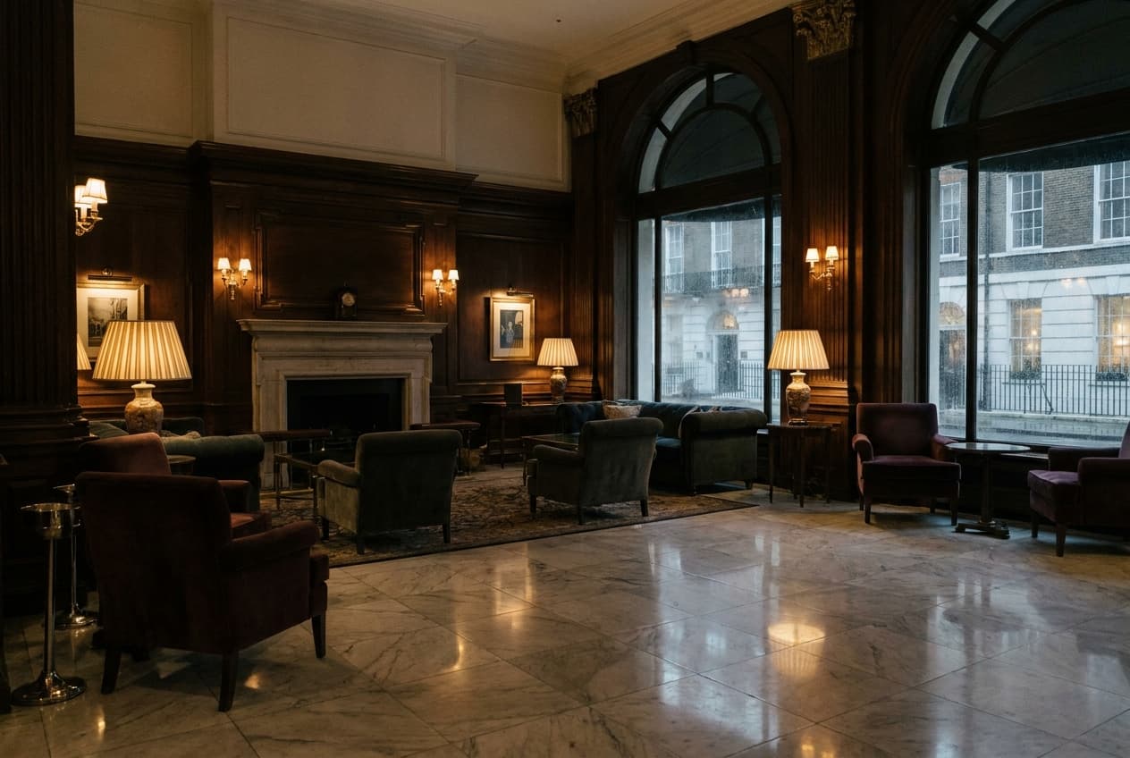 An empty five-star London hotel lobby late at night, marble floor and warm lamplight