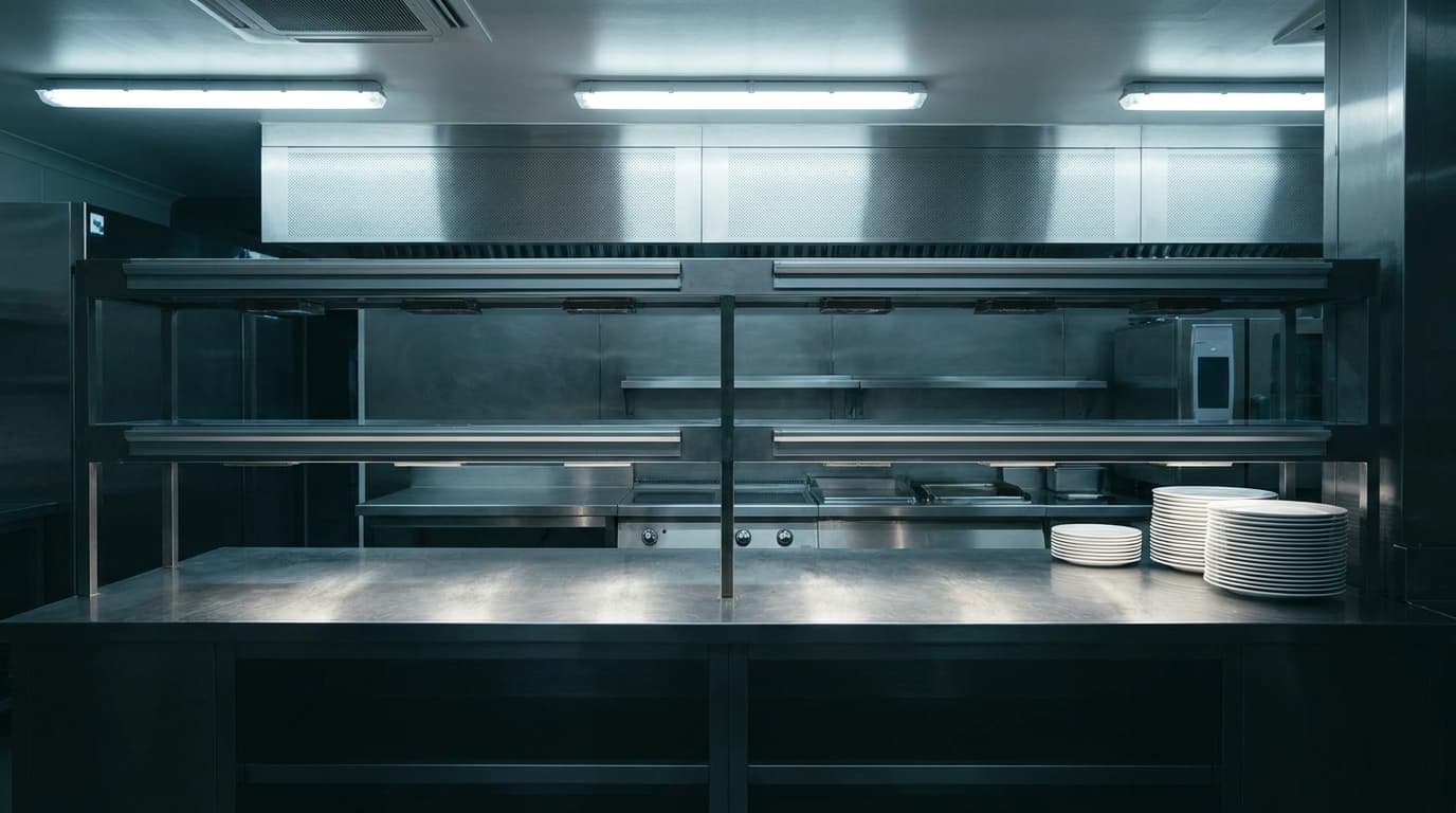 An immaculate commercial kitchen pass at night after close, stainless surfaces wiped and empty