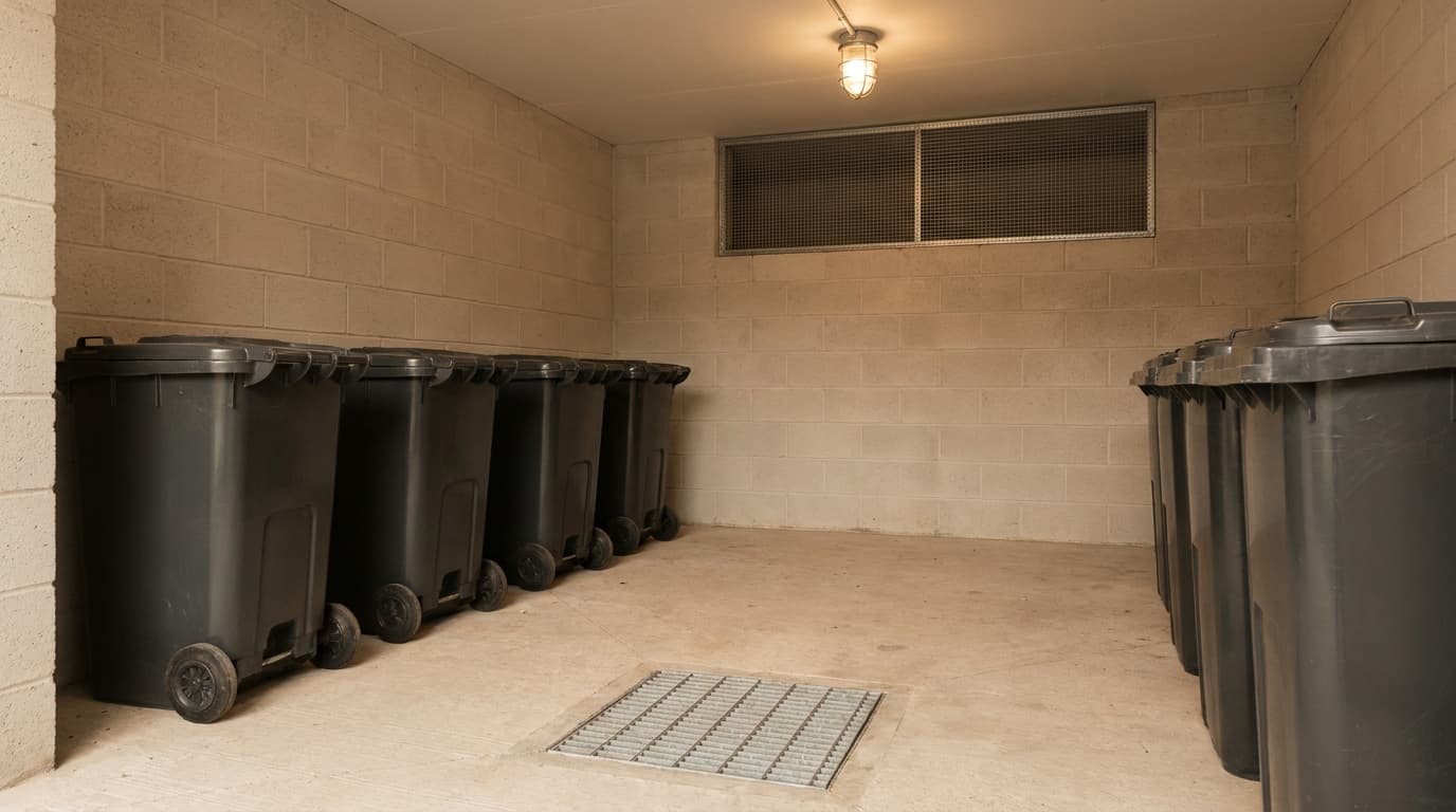 Inside a communal refuse store, bins in a row with a drain grate in the floor and a mesh vent panel above
