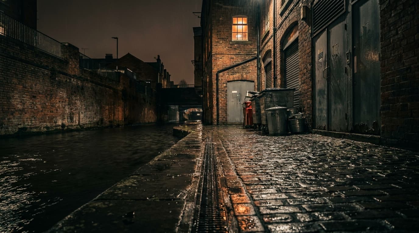 A canalside terrace at night, towpath wall on one side and restaurant service doors on the other