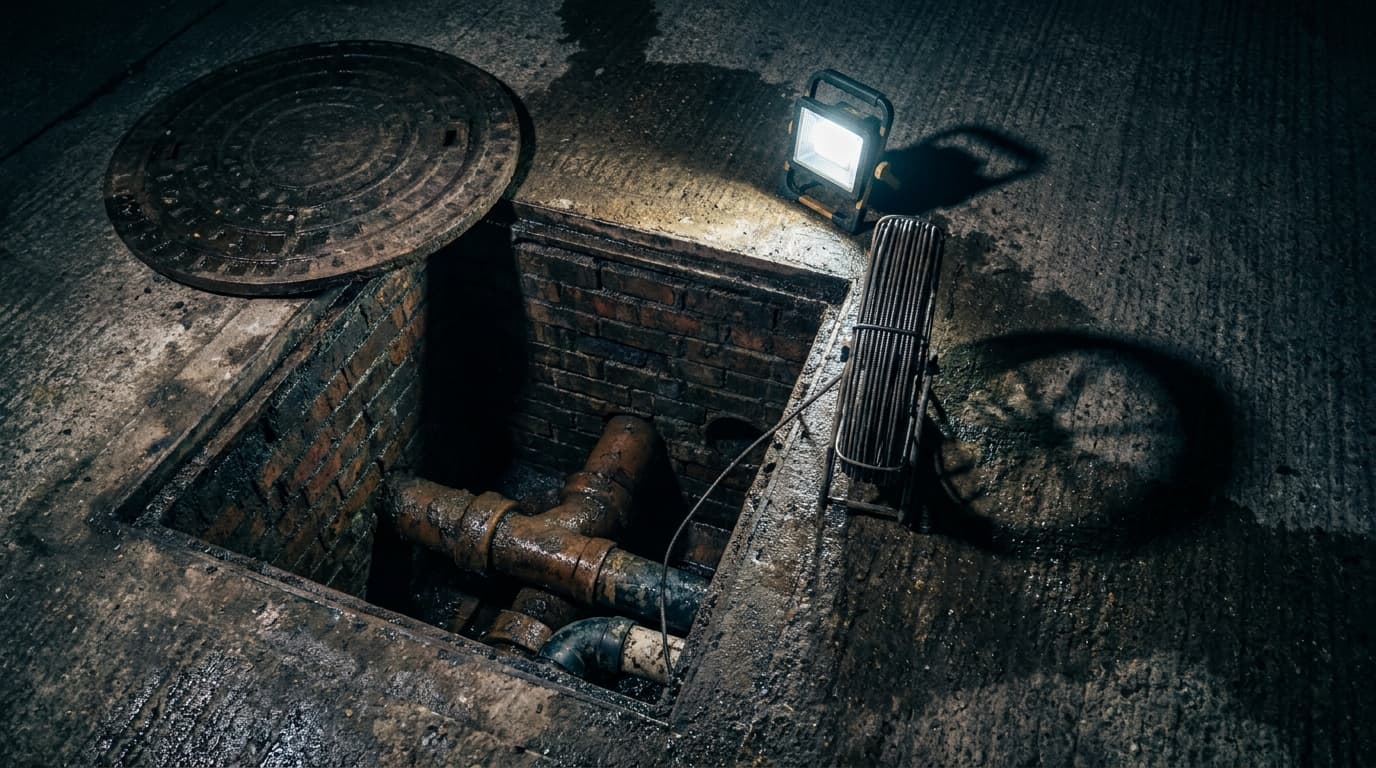An open drainage chamber on a service yard at night, inspection rods beside it