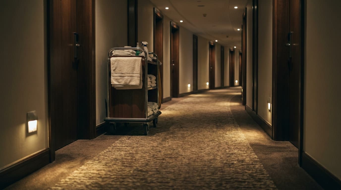 An empty premium hotel corridor in the early hours, one housekeeping cart against the wall