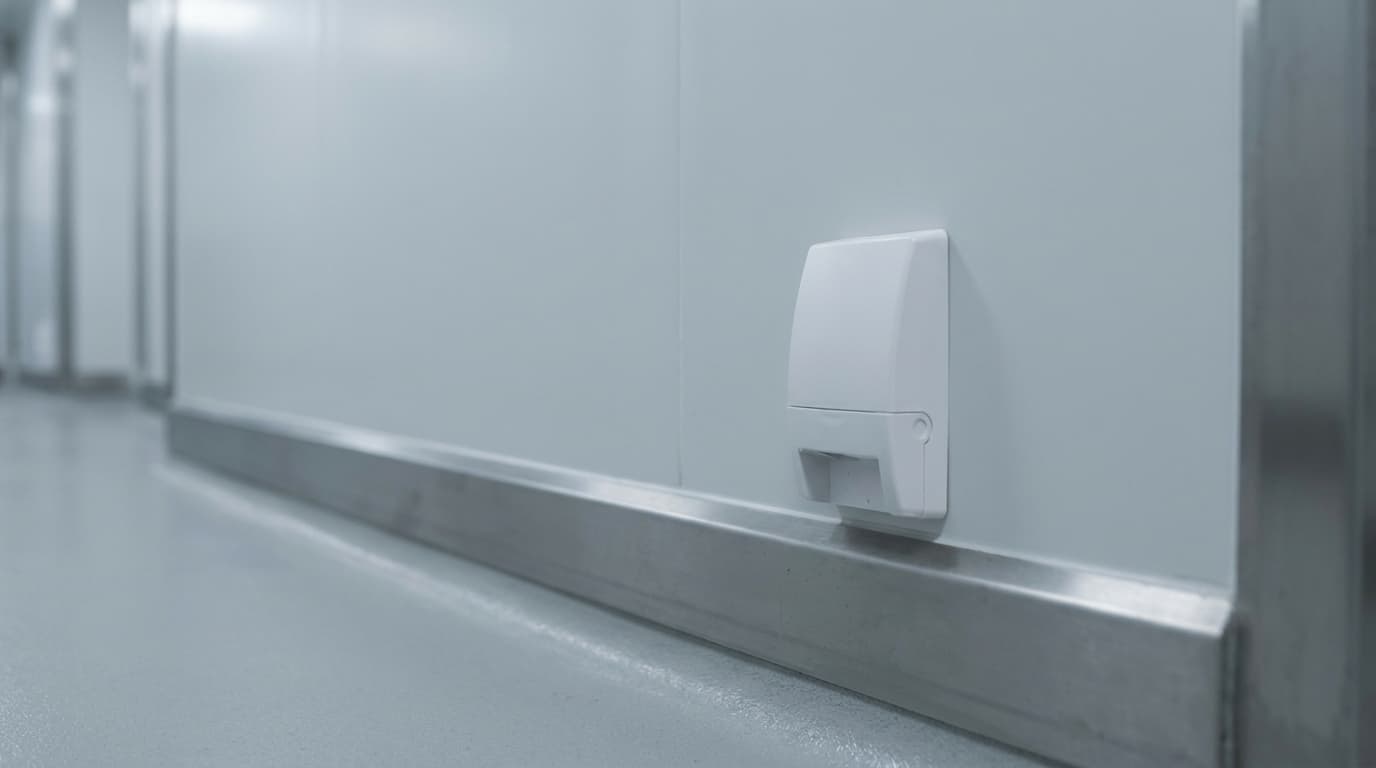 A numbered monitoring station mounted low on hygienic wall panel in a production corridor