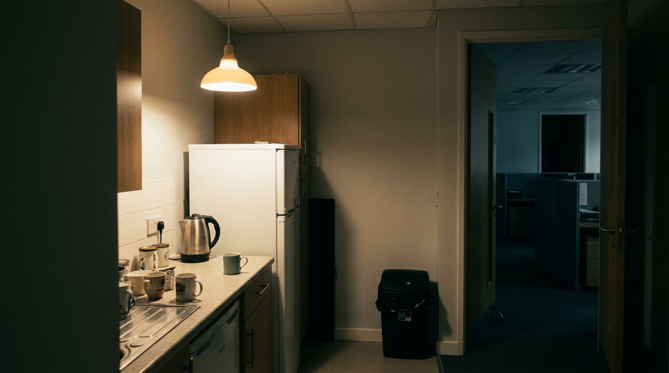 A small office breakout kitchen lit by one pendant at night, a narrow gap beside the fridge and the dark office floor beyond the doorway