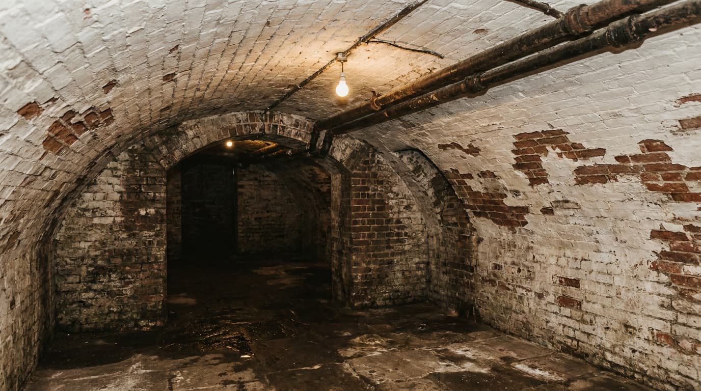 A Victorian brick cellar beneath a converted warehouse, an arch opening through into the next cellar