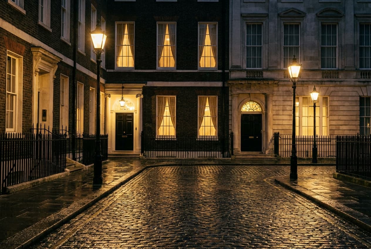An elegant London street of period office buildings at night