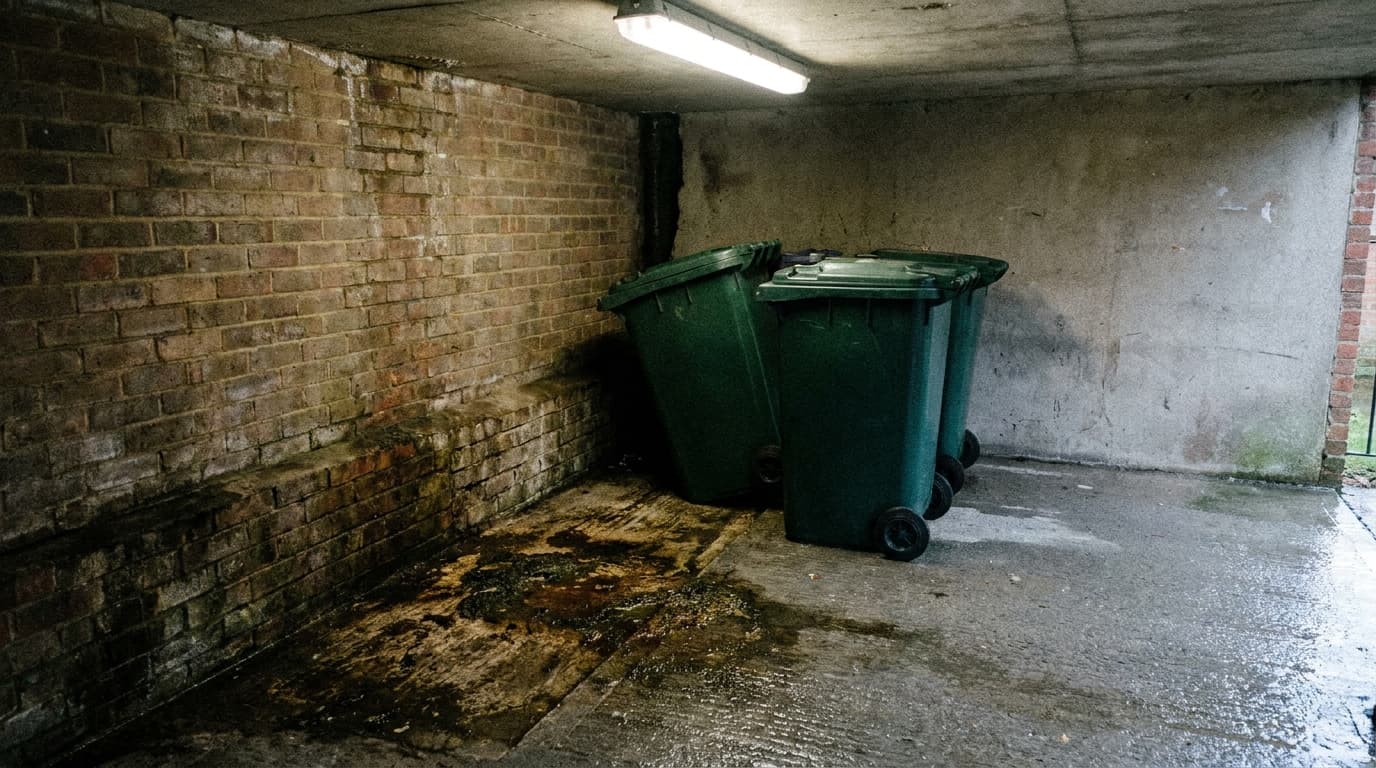 Bins pulled forward in a communal refuse store, revealing staining and residue on the floor and wall behind them