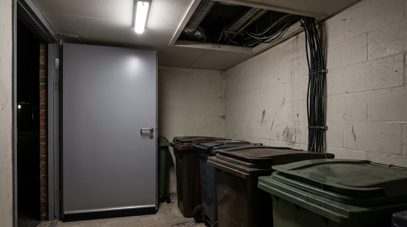 A communal bin store in a modern block of flats at night, a newly fitted steel door, bins lined up and an open ceiling access panel showing the dark void above