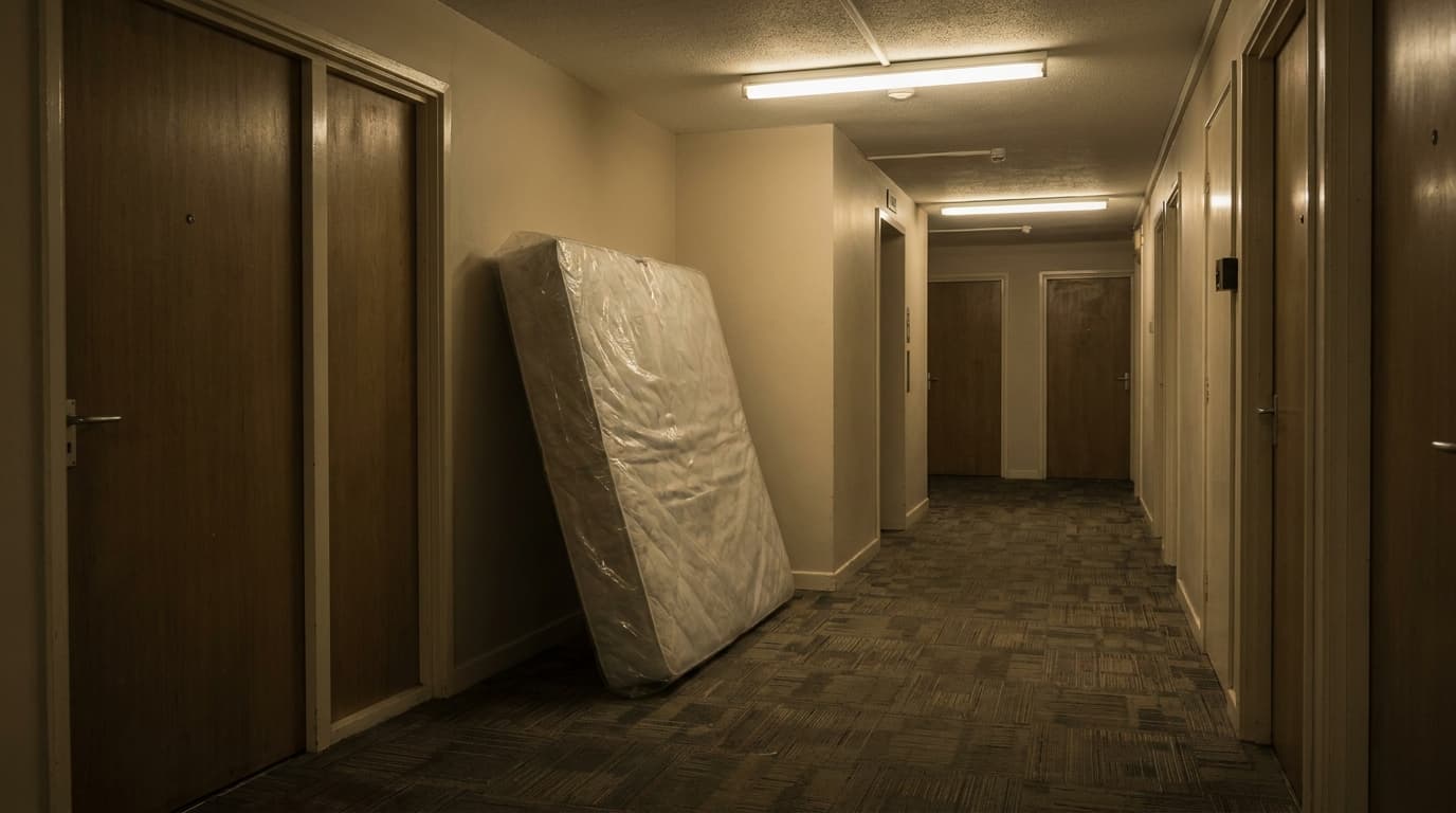 A communal corridor in a residential tower block at night, a mattress wrapped in plastic propped against the wall by the lift lobby