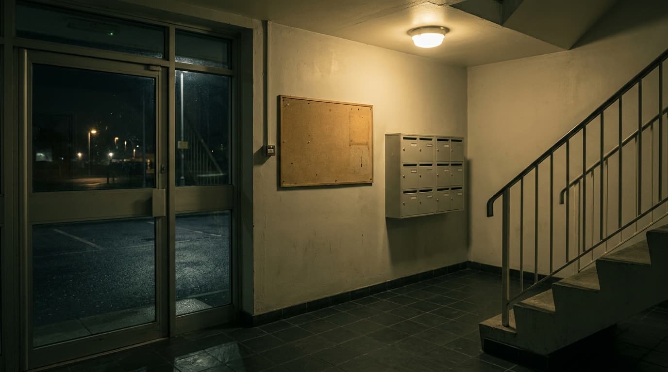The communal entrance lobby of a residential block at night, with an empty pinboard on the wall