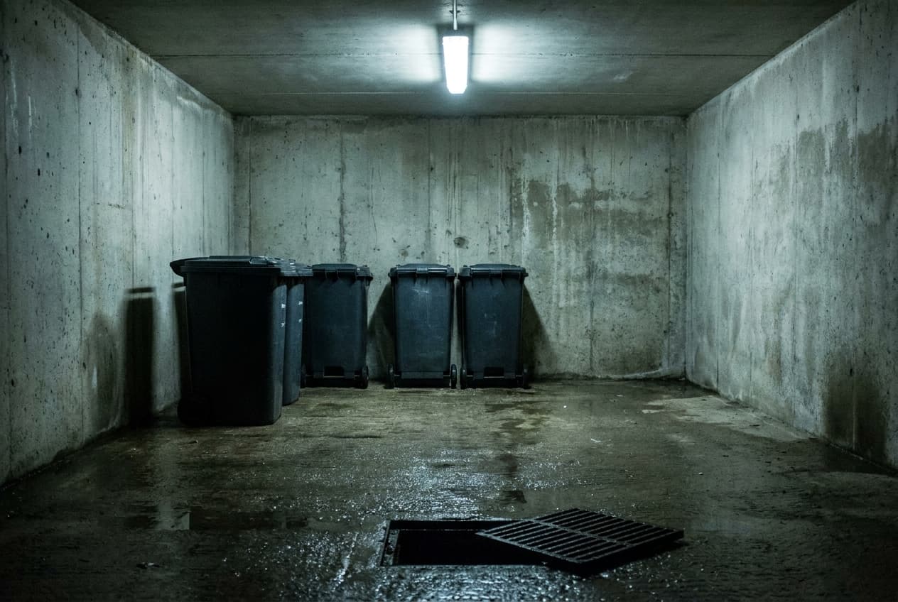 A communal refuse store at night, bins against a bare wall and the floor still wet from a recent wash-down