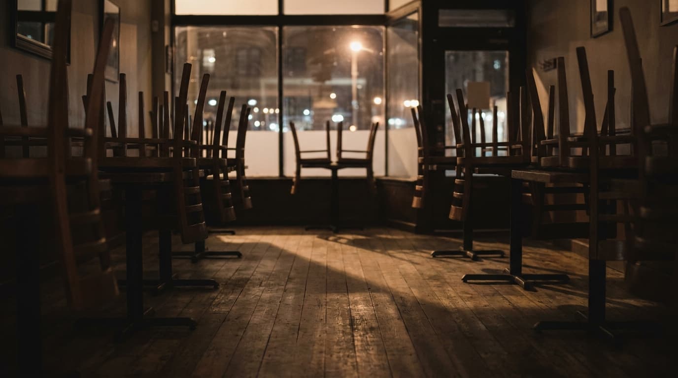 An empty restaurant dining room at night with chairs inverted on the tables