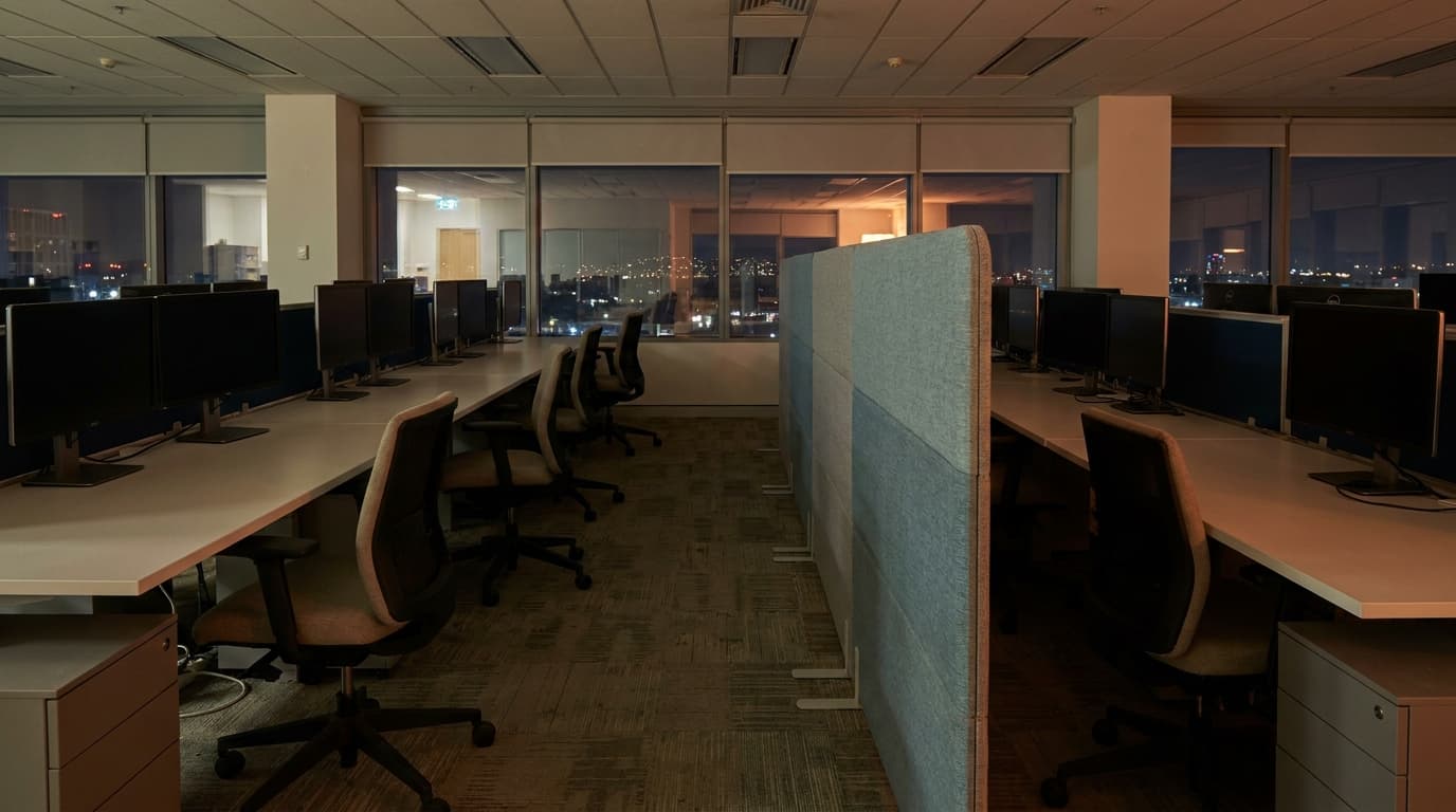 An open plan office floor at night after everyone has gone, monitors off and upholstered chairs pushed back from the desks