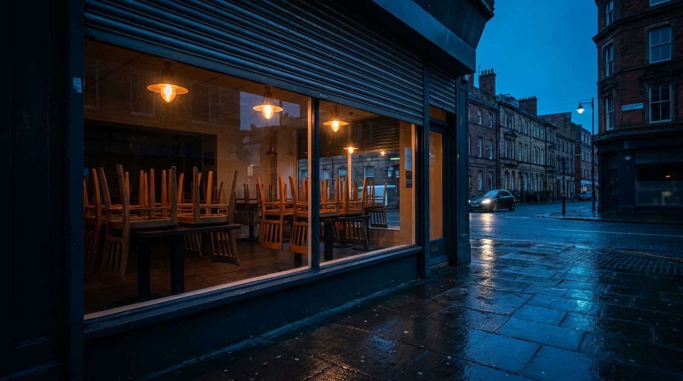 A closed British restaurant at night seen from the pavement, chairs stacked on tables inside and the shutter part way down