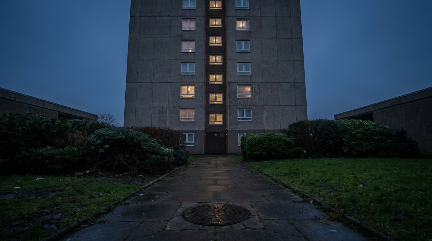 A post-war council tower block at dusk seen from the paving at its base, lit windows above and a drain cover set into the path