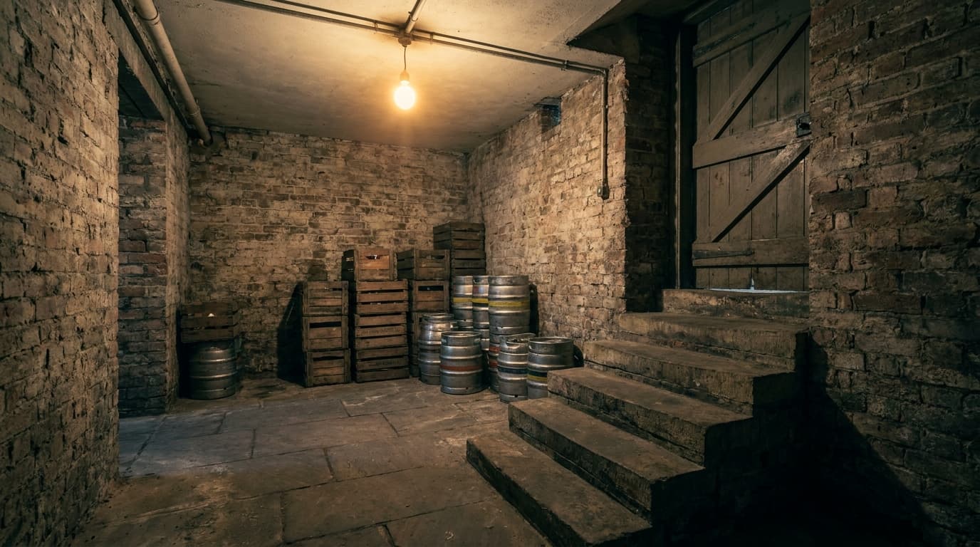 The empty cellar beneath a restaurant lit by a single bulb, with stacked crates and a stairway up to a closed door