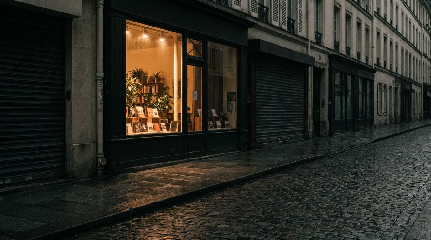 A city street at three in the morning, one premises lit from within while everything either side is dark