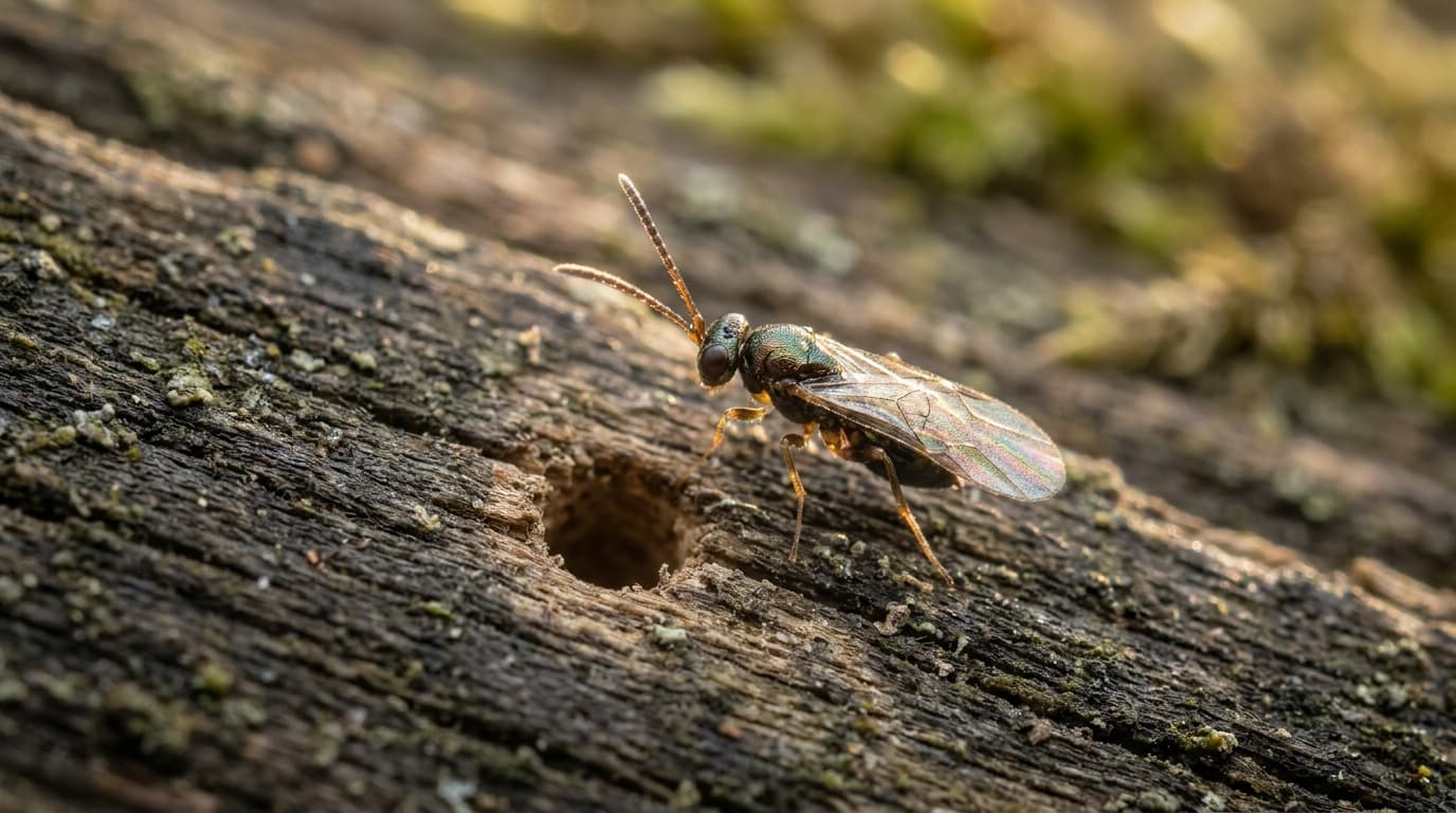 Extreme close-up of a parasitic wasp on ancient oak beside a woodworm flight hole