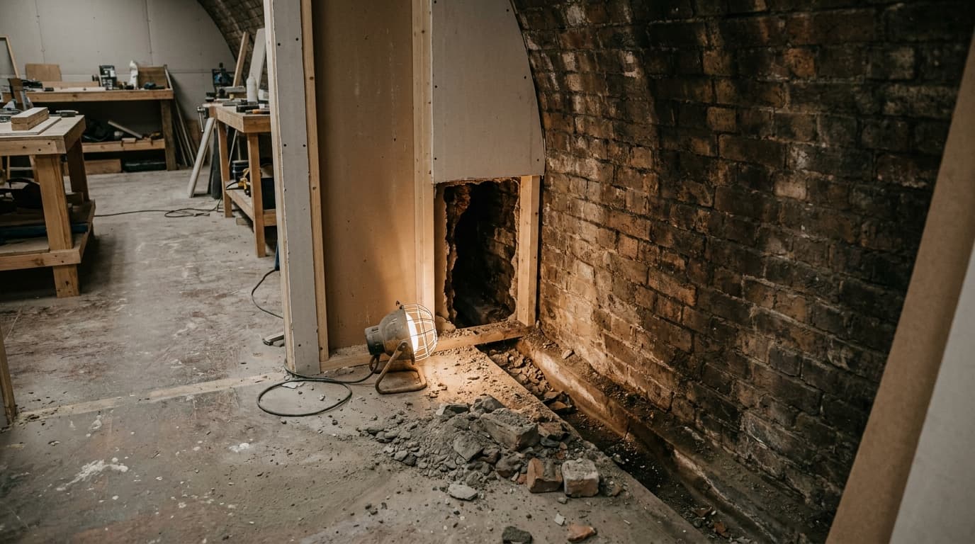 A lining panel removed inside a railway arch fit-out, showing the dark gap and drainage channel between the stud wall and the curved brick