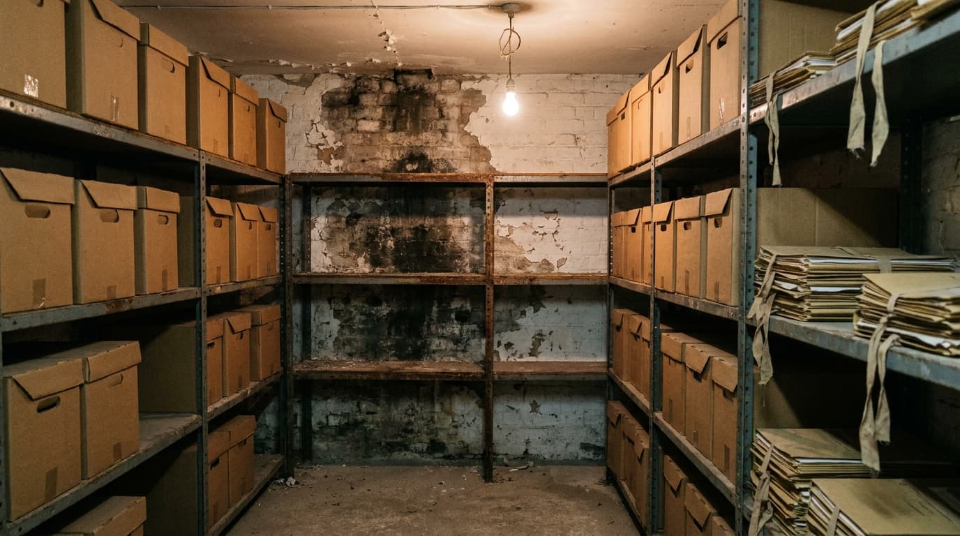 A basement archive store with shelves of plain boxes and bundled files, damp staining on the brick wall behind
