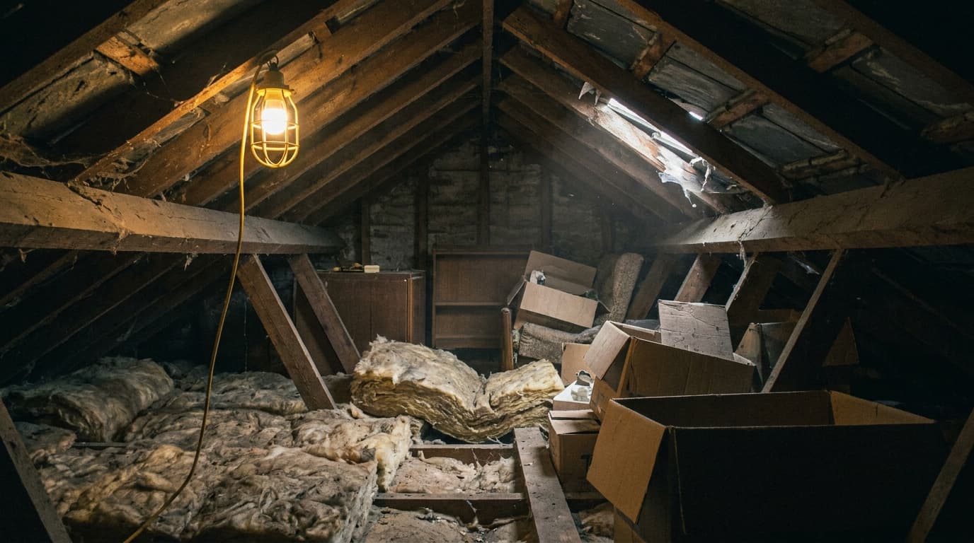 A domestic roof space lit by a work lamp, rafters and insulation, daylight showing through a gap at the eaves
