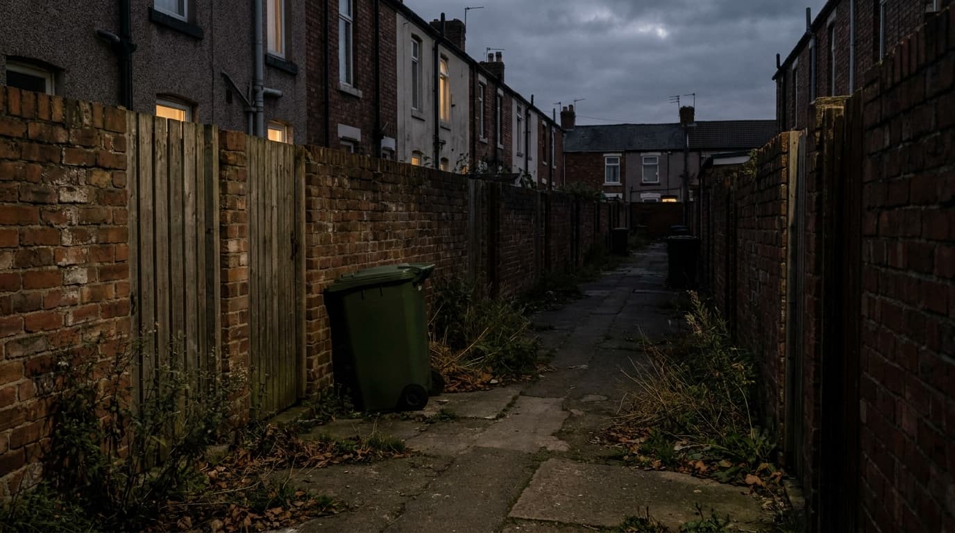 A narrow service alley behind a terrace at dusk, brick walls and back gates, weeds along the base