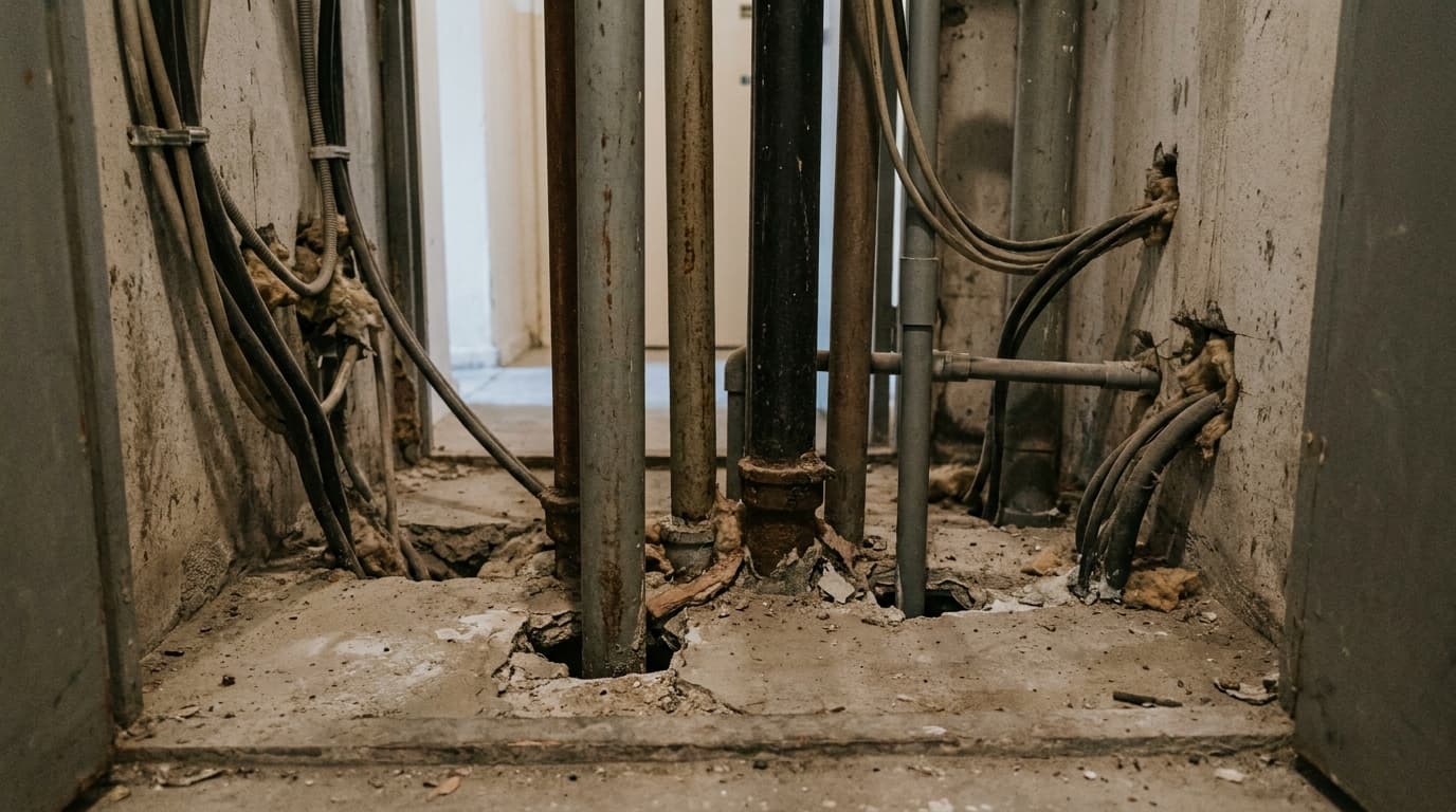 An open service riser with pipes rising through roughly cut holes in the floor slab, gaps unsealed