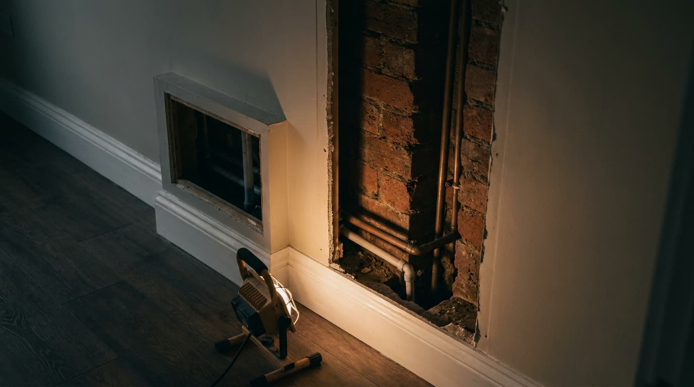 A boxed pipe run opened beside a skirting in a converted brick storehouse flat, the void behind the modern lining running along old brickwork