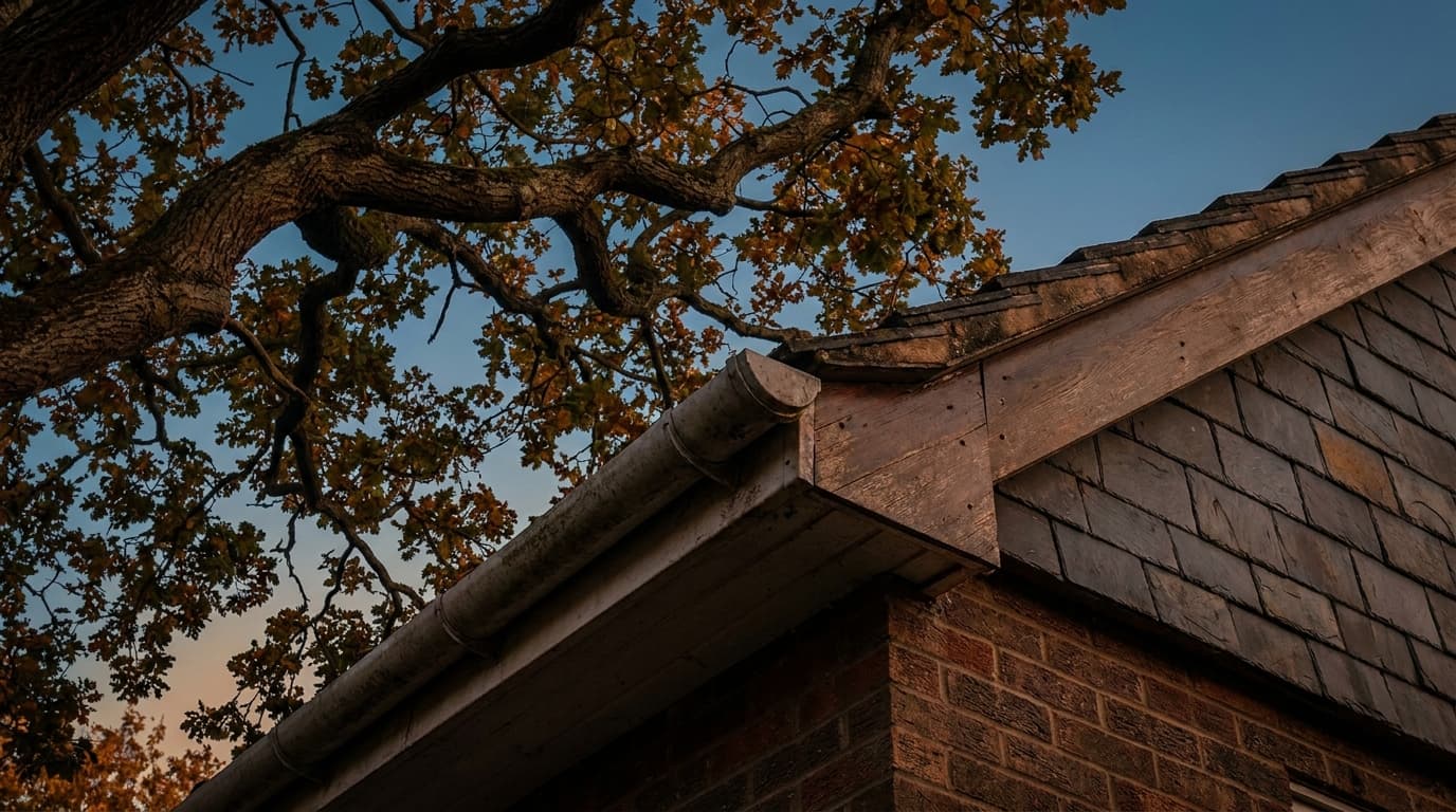 A mature branch overhanging the guttering and roof edge of a residential block at dusk