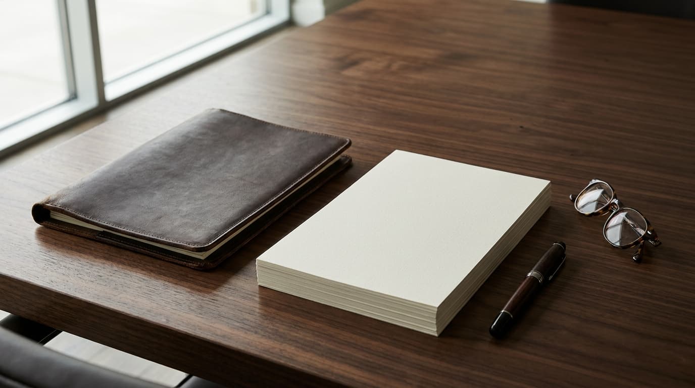 Documentation and a leather folder on a boardroom table in soft window light
