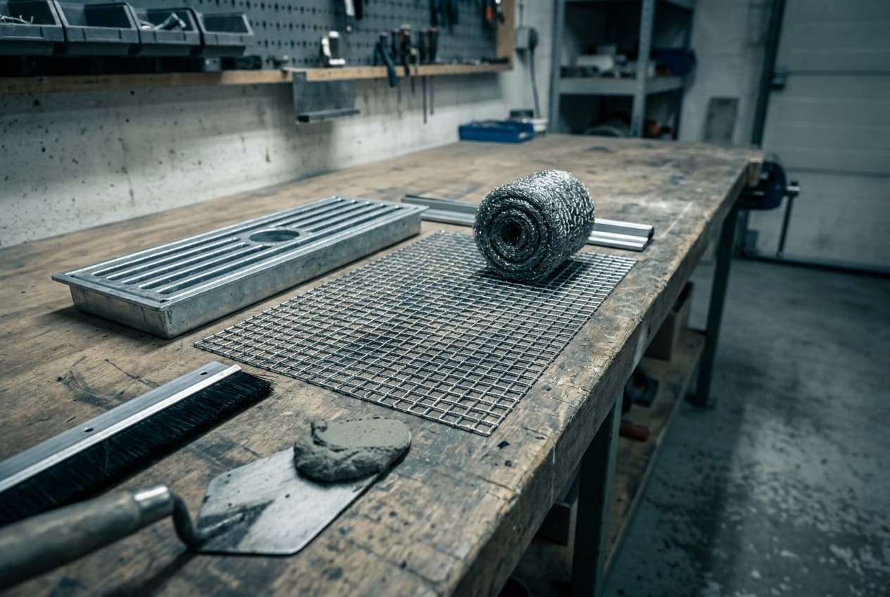 Rodent proofing hardware laid out on a workbench: a galvanised drain grate, steel mesh, a coil of wire wool, a brush strip door seal, and a trowel with mortar