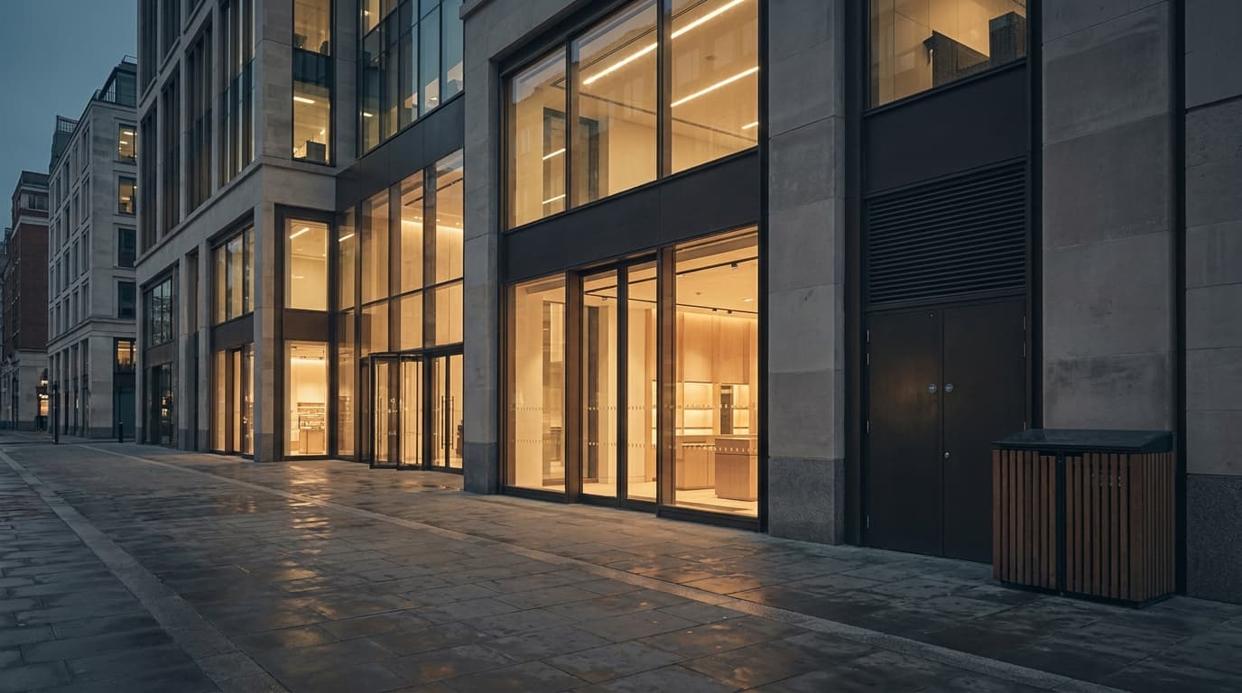A London commercial district at dusk, lit frontages along a wide pavement with a service door to one side
