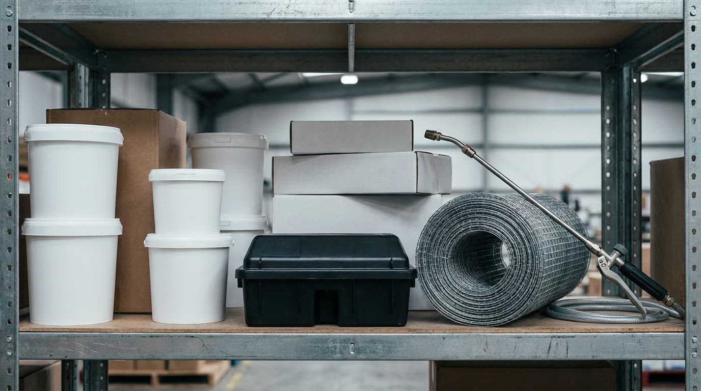 Professional pest control supplies on a steel warehouse shelf, plain tubs, a bait station, mesh and a sprayer
