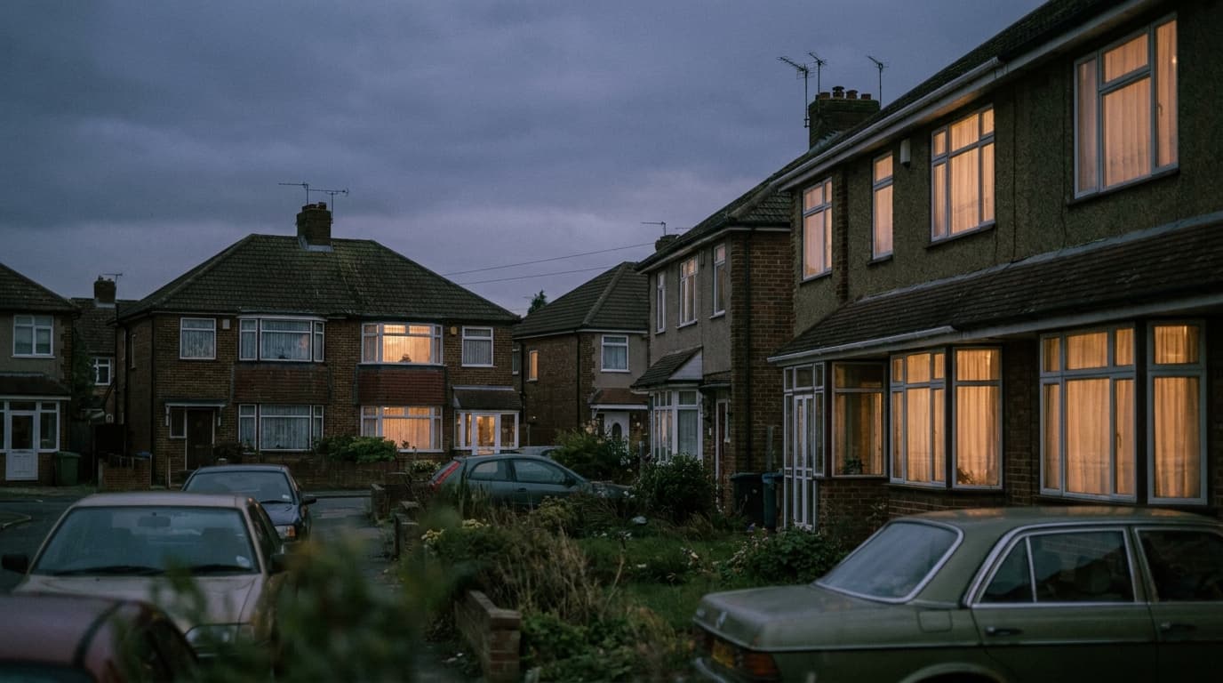 An ordinary British residential street at dusk with mixed semi-detached and terraced houses